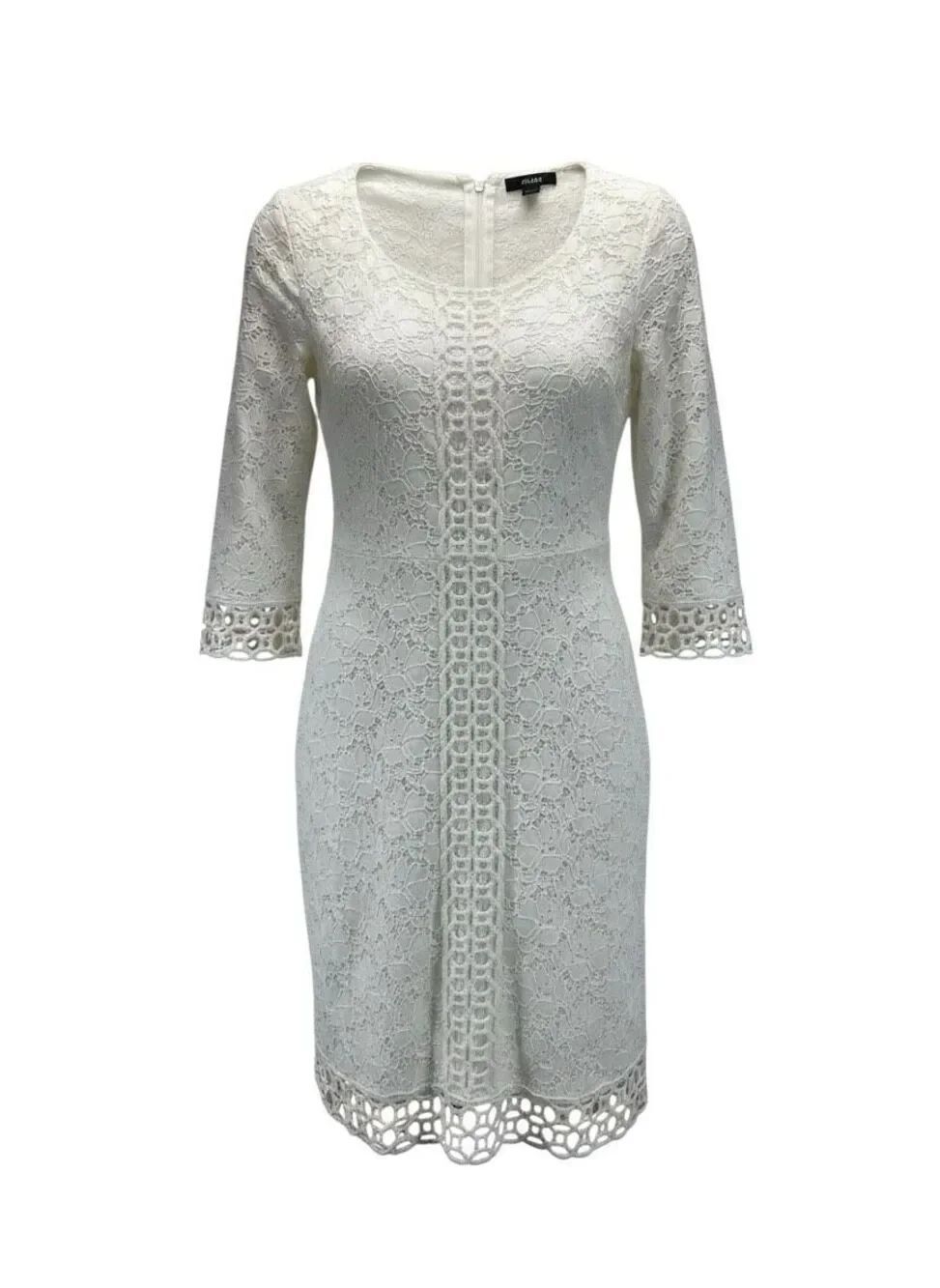Alfani White Coquette Floral Lace Crochet Overlay Shift Dress Bell Sleeve Small